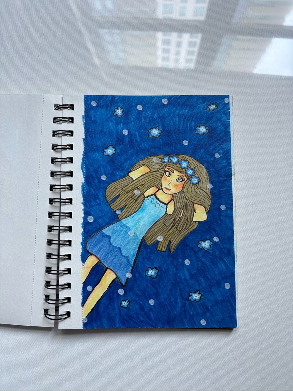Original Illustration ArtBlue Floral Girl - 8.5 x 11